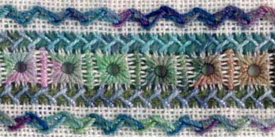illustration of double herringbone stitch worked on linen 