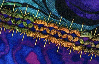 illustration of running stitch stepped and threaded used in crazy quilting