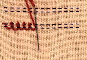 a step by step illustration of how to work double interlaced running stitch