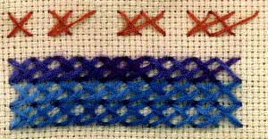 a step by step illustration of how to work Long-arm Cross Stitch