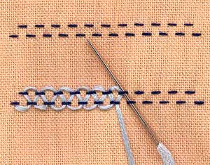 a step by step illustration of how to work stepped threaded running stitch